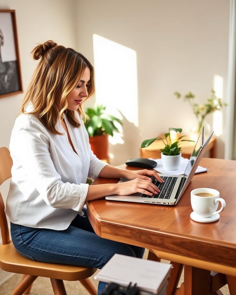 A therapist running her private practice from a laptop at a sunlit desk